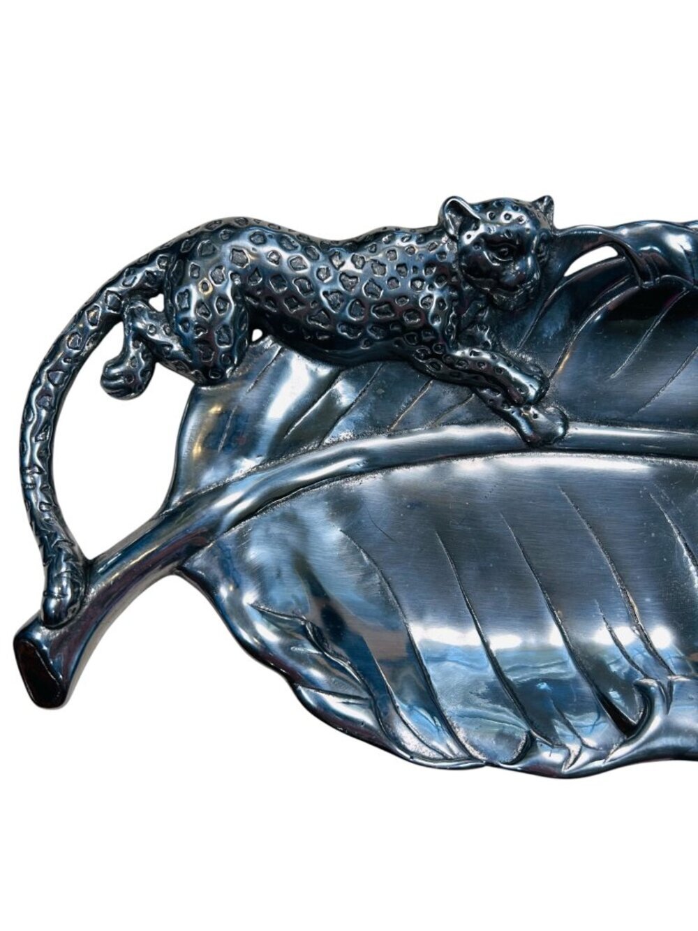 Arthur Court Leopard Silver Serving Tray Aluminum Jaguar Banana Leaf 19”